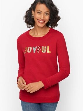 Talbots Red Joyful Sequin Glam Christmas Holiday Crewneck Sweatshirt Festive